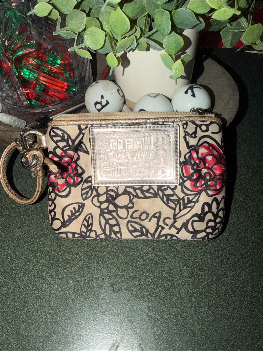 COACH Beige Floral Wristlet Coin Pouch with Red Accents
